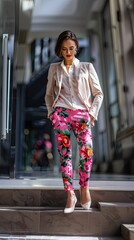 Professional Businesswoman Wearing Bright Pink Floral Trousers. Inappropriate Business Attire. The Wrong Trousers.