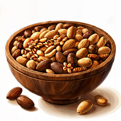 A wooden bowl filled with various nuts, placed on a surface with some nuts scattered around it.