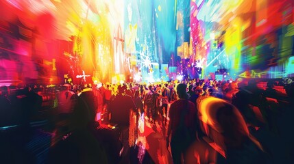 An abstract interpretation of a music festival scene with vibrant colors       AI generated illustration