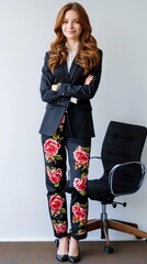 Professional Businesswoman Wearing Bright Pink Floral Trousers. Inappropriate Business Attire. The Wrong Trousers.