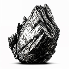 A large jagged rock with a rough texture and sharp edges, set against a plain background.