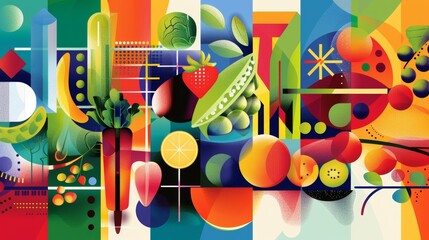 An abstract representation of a balanced diet through vibrant colors and geometric designs       AI generated illustration