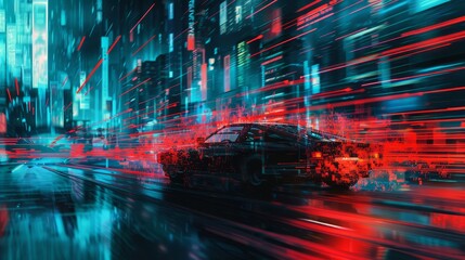 An abstract representation of a car drifting through a digital glitchscape AI generated illustration