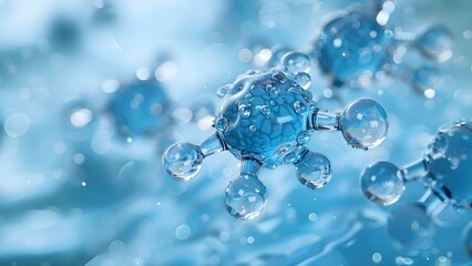 Blue hyaluronic acid molecule structure with water: Perfect for cosmetic marketing. Concept Cosmetic Chemistry, Hydration Science, Skincare Innovation, Beauty IndustryTrends - obrazy, fototapety, plakaty
