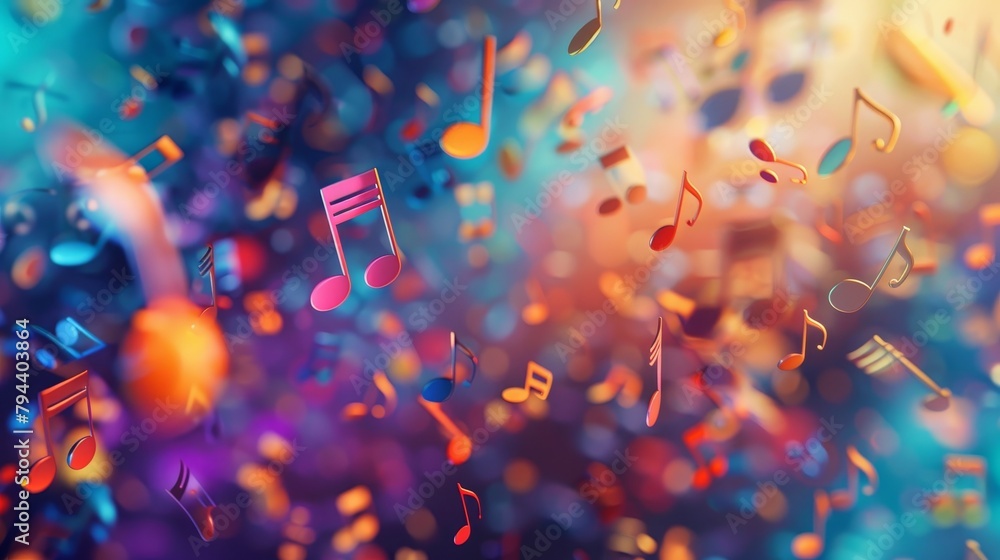 Poster An abstract representation of music notes floating in a colorful space       AI generated illustration