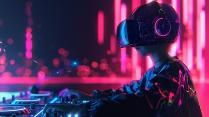 An abstract representation of a DJ mixing music in a virtual reality world       AI generated illustration