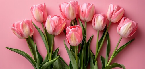 Fototapeta premium Bouquet of pink tulips on pink background. Mothers day, Birthday celebration concept. Greeting card