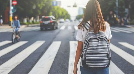 Fototapeta premium A woman wearing a backpack is walking across a crosswalk. The street is busy with cars and a bicycle