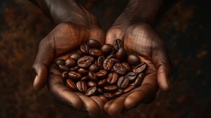 Closeup of two hands delicately holding a handful of freshly roasted coffee beans