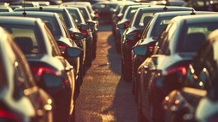 A parking lot filled with numerous preowned cars parked tightly together in a commercial car dealership setting