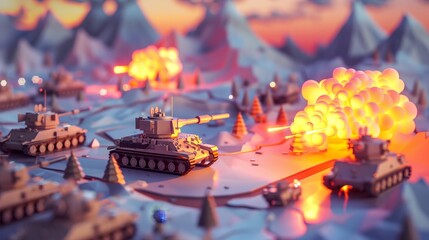 An abstract vs realistic view of war in a cute 3D style       AI generated illustration - obrazy, fototapety, plakaty