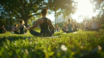 A small group of individuals practicing yoga together on a grassy field in a park