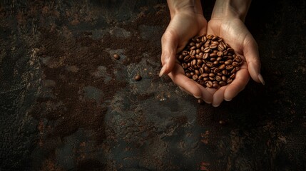 Closeup of hands delicately holding freshly roasted coffee beans - obrazy, fototapety, plakaty