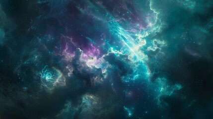 Turquoise and magenta explosions shine against a backdrop of swirling nebulae and cosmic dust.