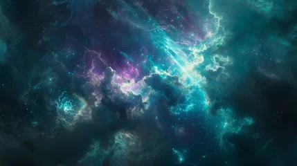 Foto op Canvas Turquoise and magenta explosions shine against a backdrop of swirling nebulae and cosmic dust. © Justlight