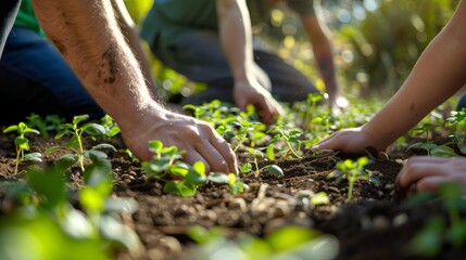 Hands of volunteers delicately planting seedlings and tending to the soil in a group effort