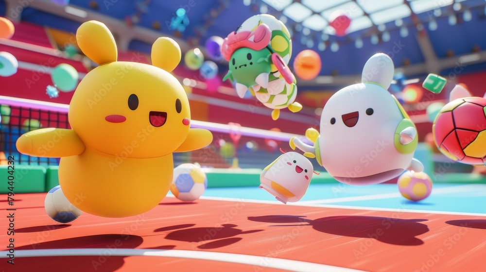 Poster an adorable 3d rendering of a virtual sports competition filled with lovable characters ai generated