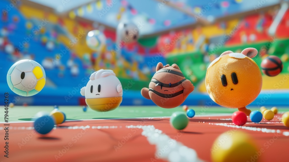 Poster an adorable 3d rendering of a virtual sports competition filled with lovable characters ai generated