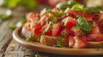 A close up of a plate of bruschetta with ripe tomatoes and fragrant basil leaves on a wooden table - obrazy, fototapety, plakaty