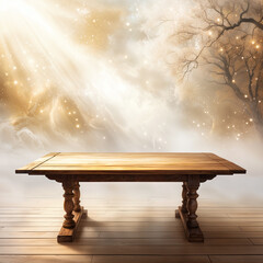 A wooden table, set against a backdrop of a tree and a sunlit sky.