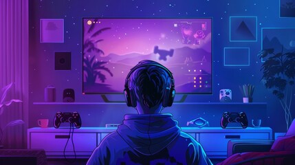 An animated character playing video games on a TV screen       AI generated illustration