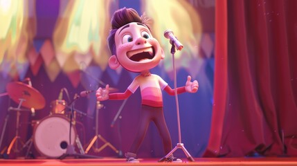 An animated character performing in a talent show on TV      AI generated illustration