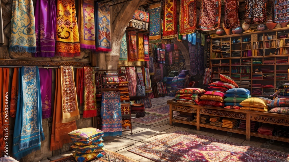 Poster an exotic 3d bazaar with vibrant textiles and intricate patterns ai generated illustration