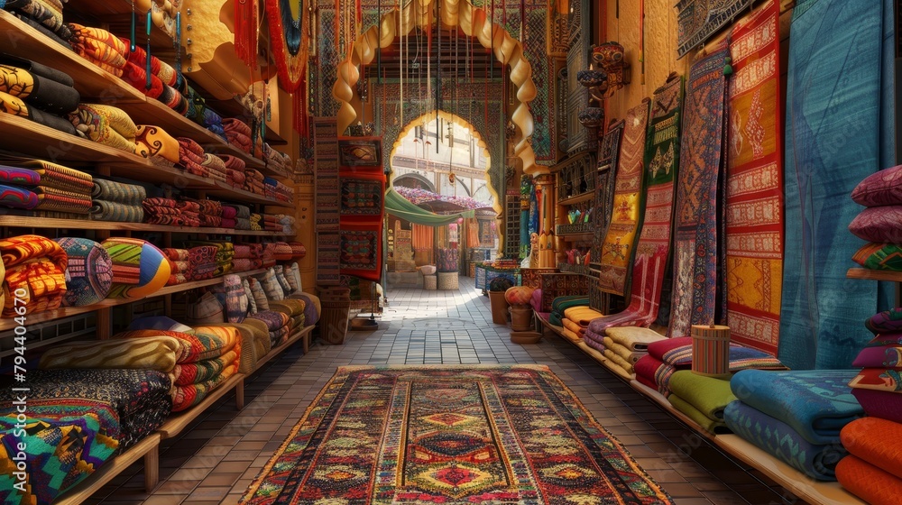 Poster an exotic 3d bazaar with vibrant textiles and intricate patterns ai generated illustration