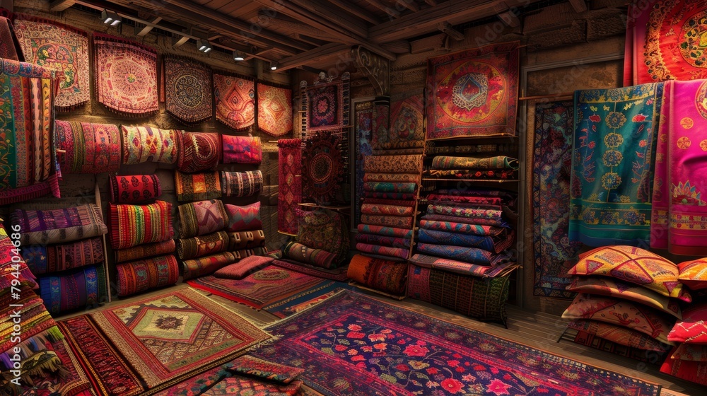 Poster an exotic 3d bazaar with vibrant textiles and intricate patterns ai generated illustration