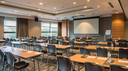 A large conference room with a projector screen and many chairs