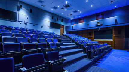 Naklejka premium A blue theater with rows of chairs and a large screen