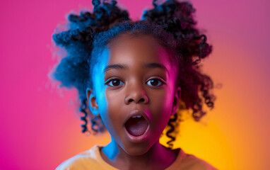 Fototapeta premium A young girl with curly hair is making a surprised face. The girl is wearing a yellow shirt and is looking at the camera. The image has a bright and cheerful mood