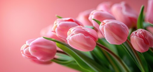 Bouquet of pink tulips on pink background. Mothers day, Birthday celebration concept. Greeting card - 794404819