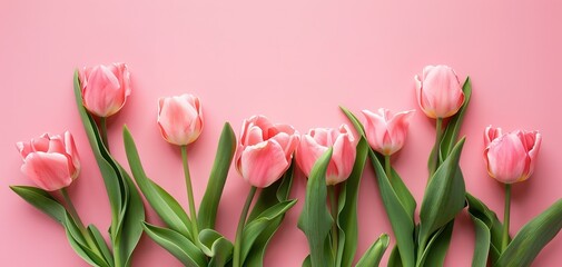 Bouquet of pink tulips on pink background. Mothers day, Birthday celebration concept. Greeting card - 794404877
