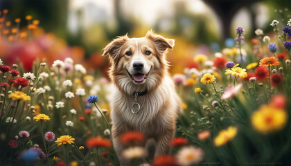 The dog is playing in the garden. Cute dog. AI generated