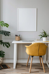 Clean, minimalist office room with pops of color and a blank white frame, encouraging productivity.