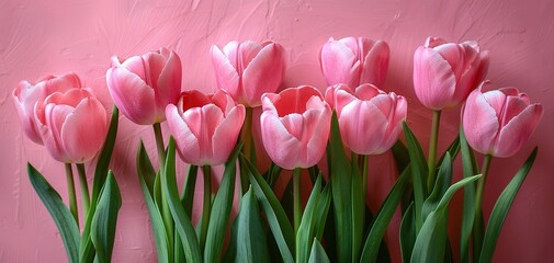 Bouquet of pink tulips on pink background. Mothers day, Birthday celebration concept. Greeting card - 794405219
