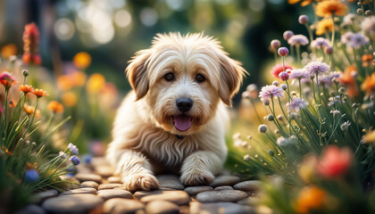 Dog is playing in the garden. Cute dog among flowers. Selective focus. AI generated
