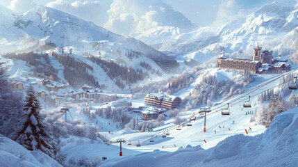 A snowy mountain scene with ski slopes and a ski lodge