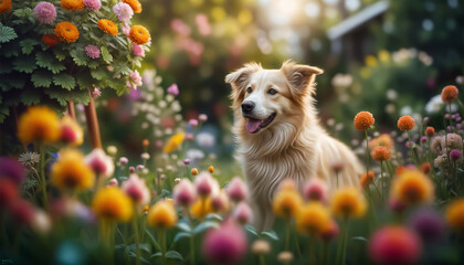 Dog in the garden. Cute dog plays among the flowers. AI generated