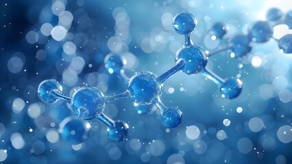 "Blue Molecular Model Floating Above Abstract Background with Sparkling Details". Concept Science, Molecular Model, Abstract Background, Sparkling Details, Blue Theme