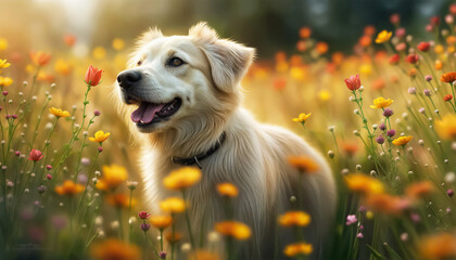 Dog in the meadow. Cute dog plays among flowers in the evening. Selective focus. AI generated