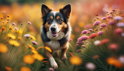 Dog in the meadow. Dog plays among meadow flowers. AI generated