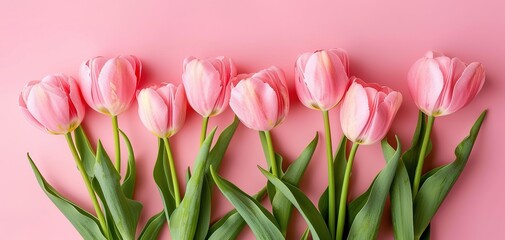 Bouquet of pink tulips on pink background. Mothers day, Birthday celebration concept. Greeting card - 794405627
