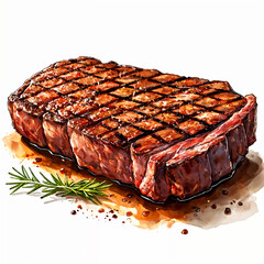 A large, juicy steak with a golden-brown crust, resting on a wooden surface and garnished with a sprig of rosemary.