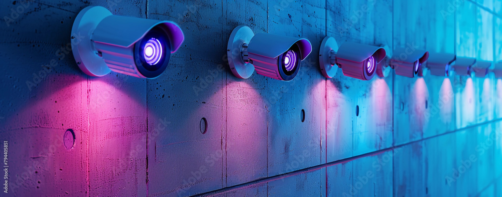 Poster a row of security cameras are lit up in neon colors. the idea behind this image is to create a sense