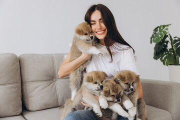 Happy smiling millennial woman owner or volunteer playing with Akita Inu puppies on sofa at home or shelter