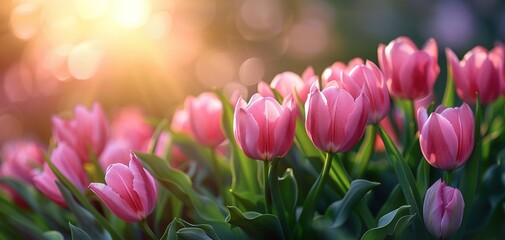 Pink tulips in pastel coral tints at blurry background, closeup. Fresh spring flowers in the garden - 794405864