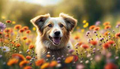 Dog in the meadow. A red dog plays among meadow flowers. Selective focus. AI generated