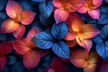 Colorful orange, blue and purple leaves in close-up natural floral 8k wallpaper background